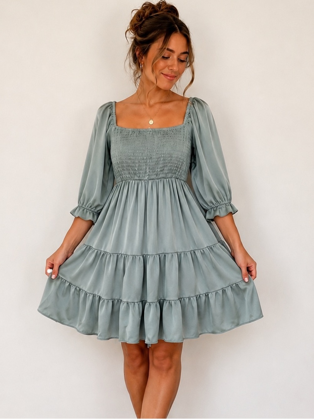 MABLE Sage Green Satin Smocked Babydoll Mini Dress Small Fairy Cottagecore
